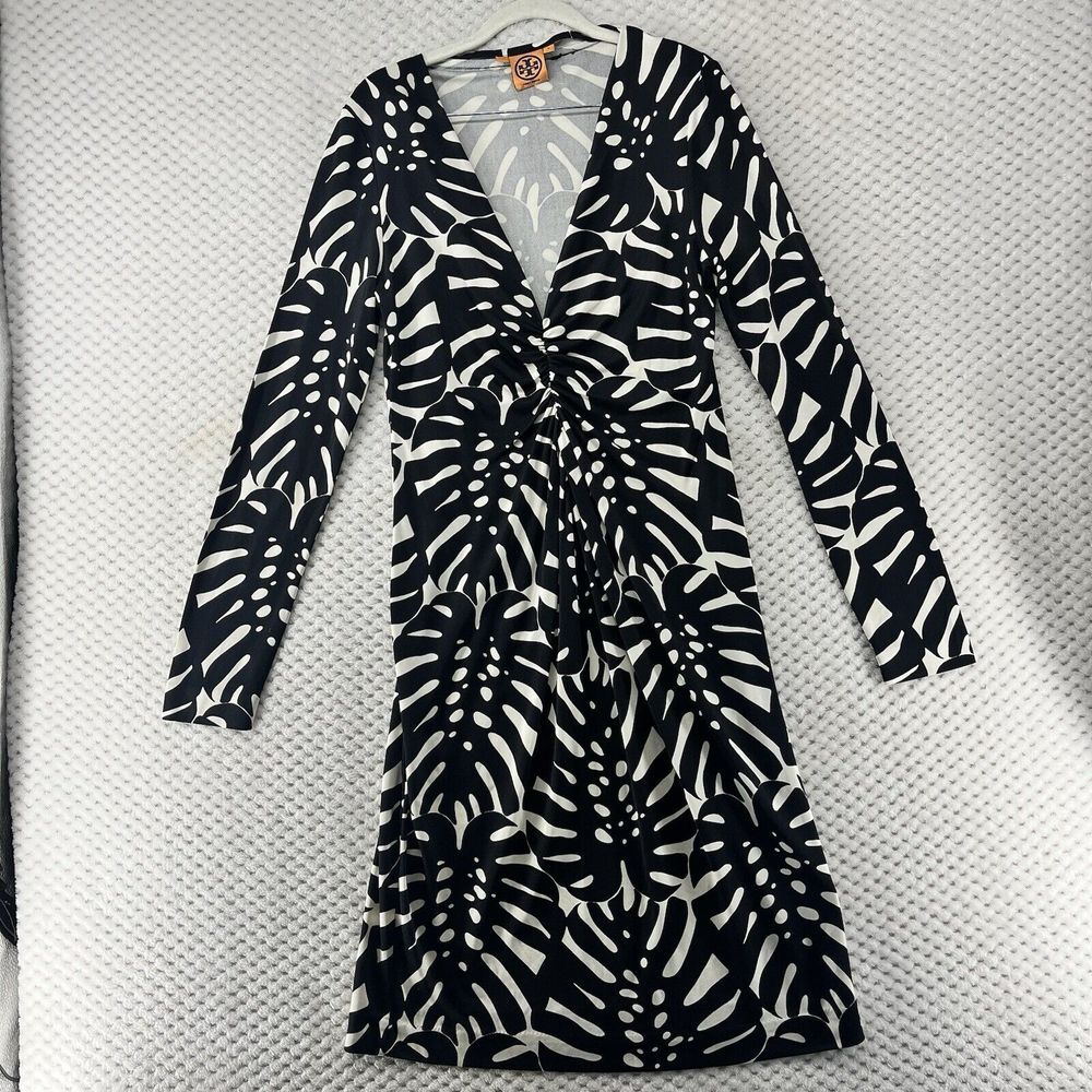 Tory Burch Black and White Leaf-Print Long-Sleeve V-Neck Dress